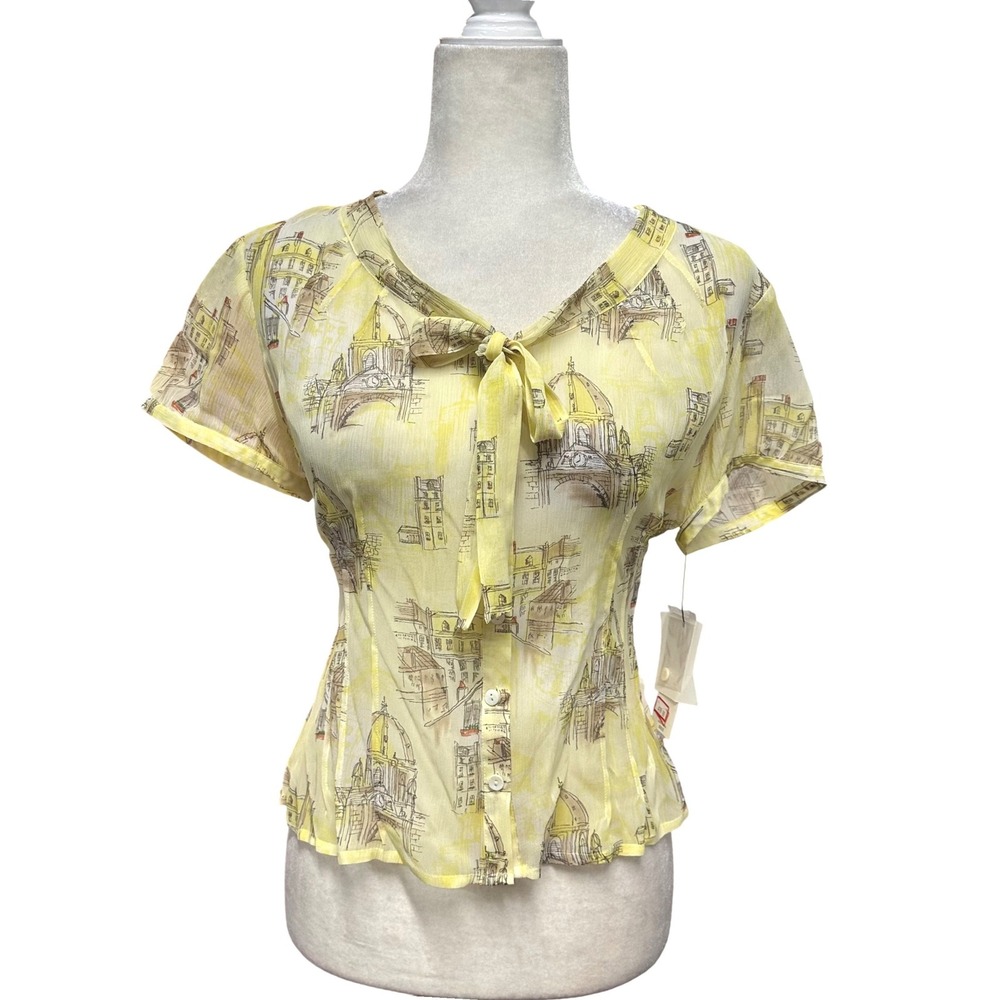 Vtg 90s Y2K Womens Size 12 100% Silk Top Chiffon‎ City Scape Print Coquette Twee